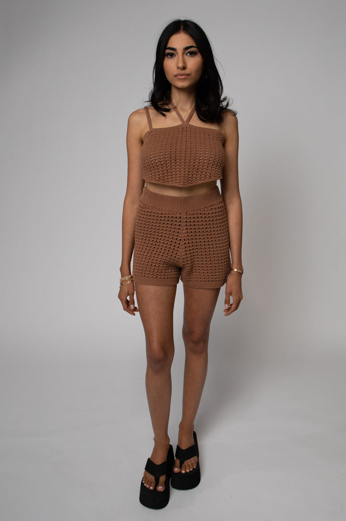 OPENWORK KNIT HALTER TANK