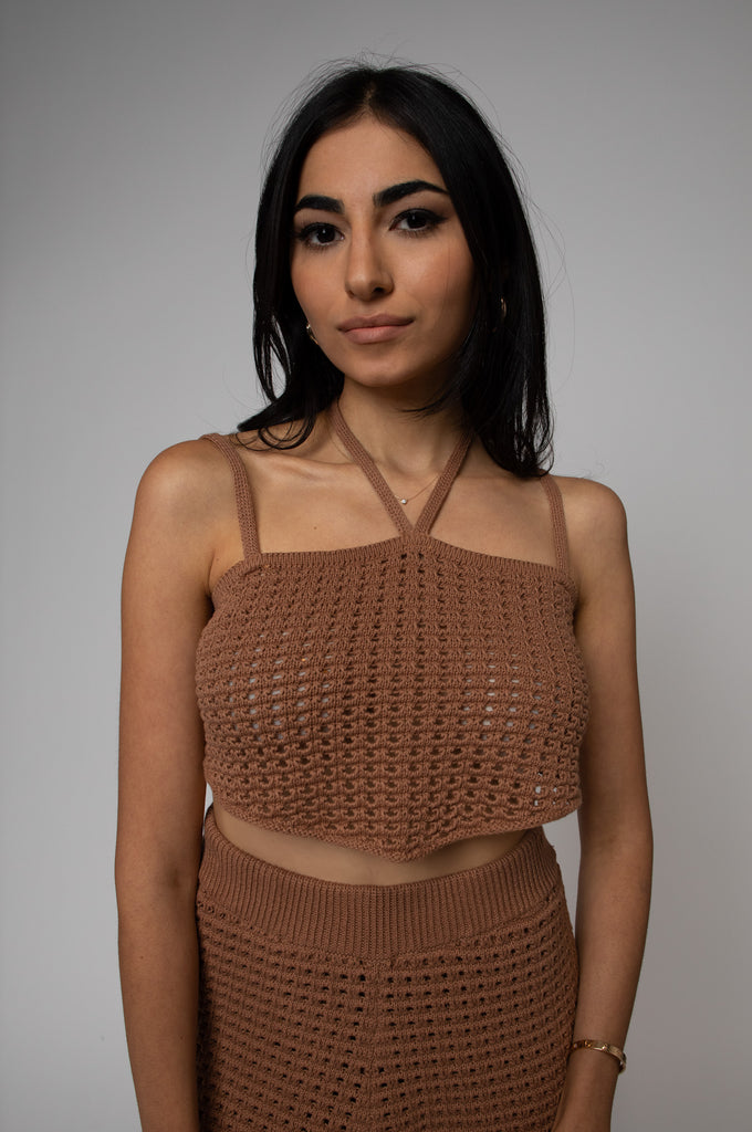 OPENWORK KNIT HALTER TANK